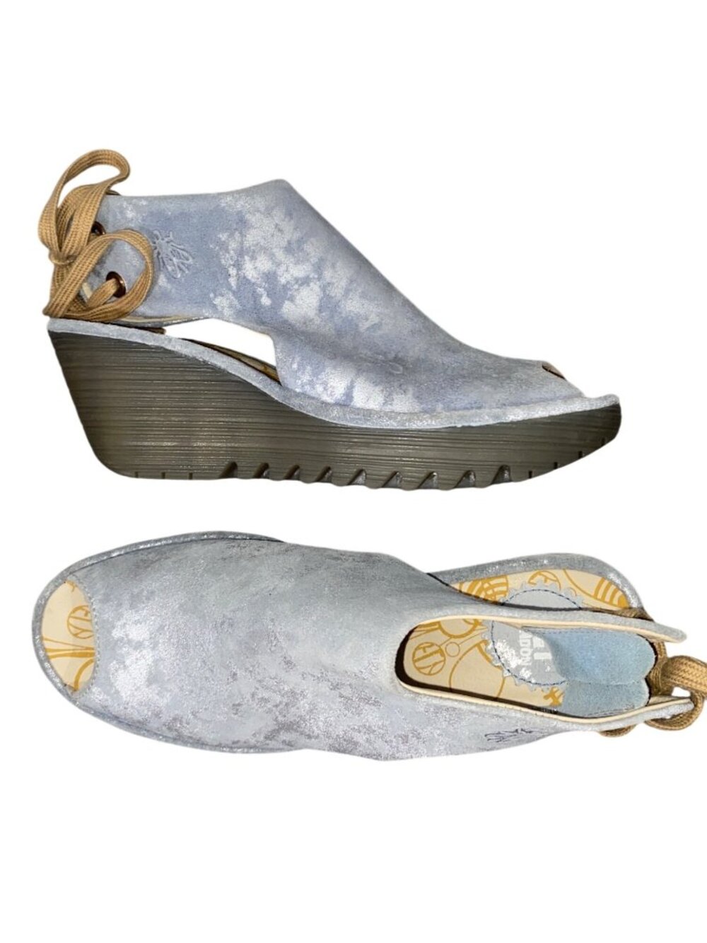 Fly London Yone Womens Suede Wedge Peep Toe Sandals Size 36 Gray metallic print
